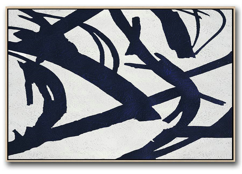 Horizontal Navy Painting Abstract Minimalist Art On Canvas,Acrylic Painting Canvas Art #X7U7